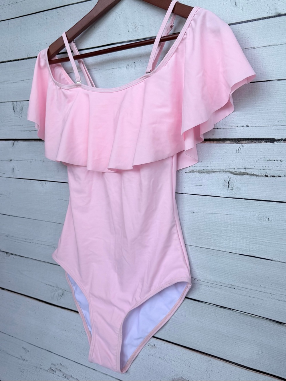 NWT Tempt Me Pink Off-the-Shoulder Ruffle One Piece Swimsuit - Picture 4 of 7